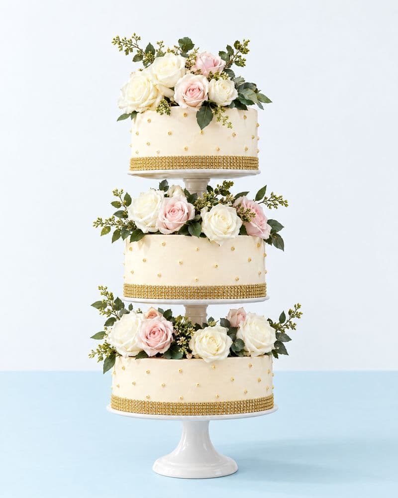 Three tier wedding cake with fresh roses